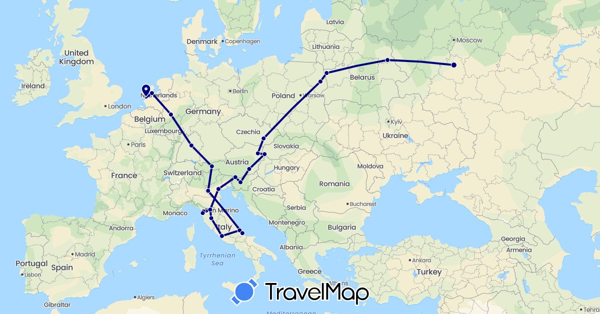 TravelMap itinerary: driving in Austria, Belarus, Czech Republic, Germany, Italy, Netherlands, Poland, Russia, Slovenia, Slovakia (Europe)